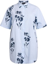 Lang skjorte med striper og blomstertrykk, Blå Lang skjorte med striper og blomstertrykk