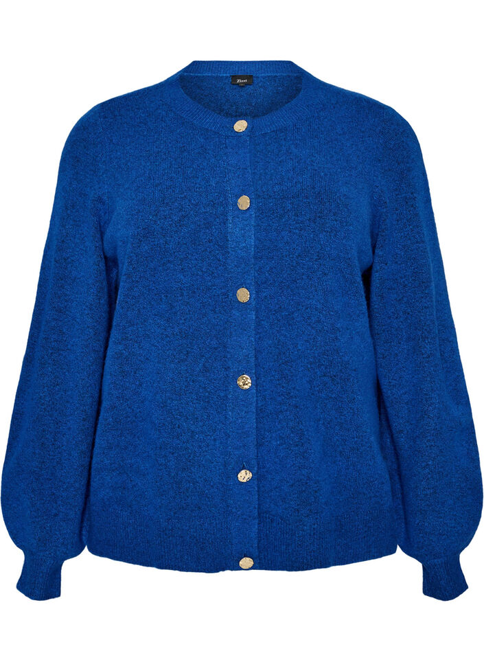 Cardigan i myk strikk med gullfargede knapper, Turkis, Packshot image number 0