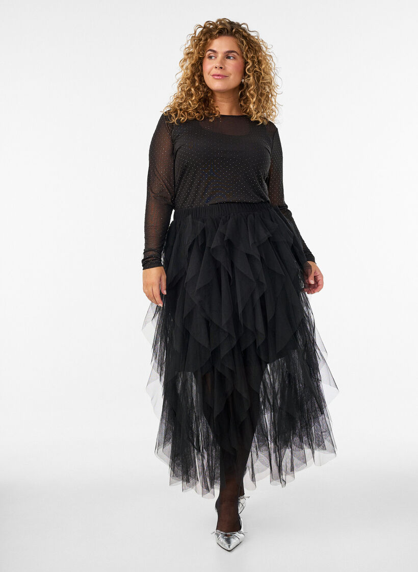 Midiskj&oslash;rt i tyll med elastisk midjeb&aring;nd, Svart, Model image number 0