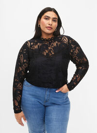 SJOKKPRIS - bluse med lange ermer og blonder, Black, Model