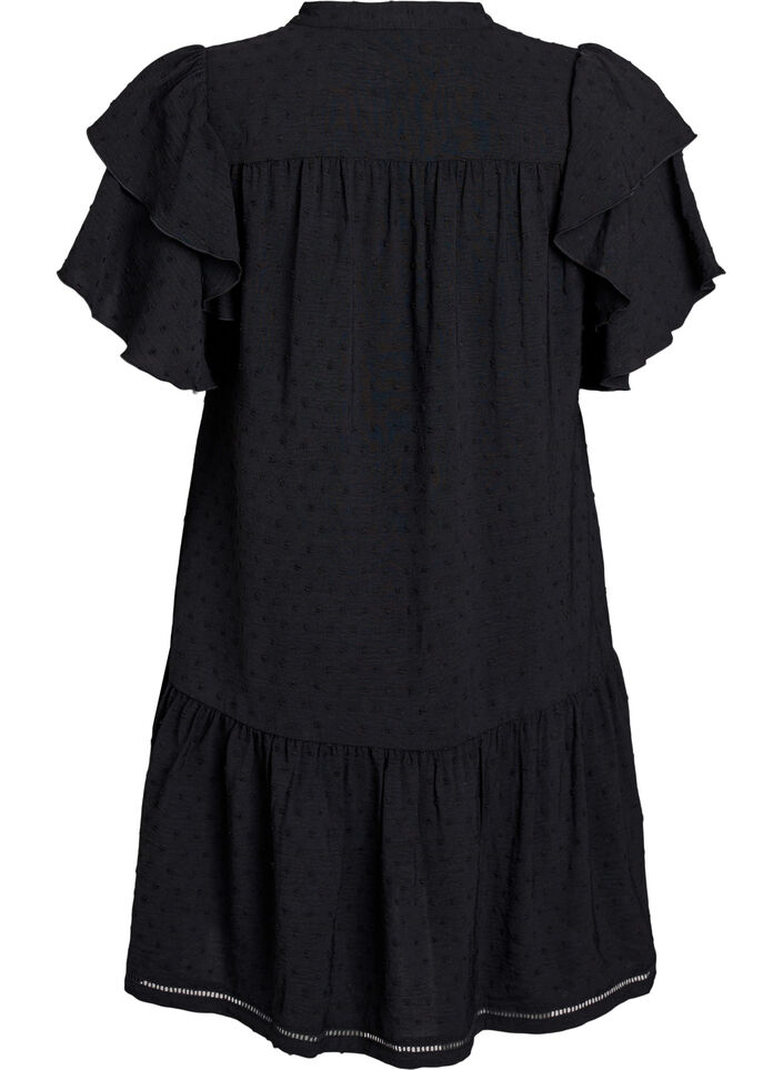 Kort kjole med rysjermer og prikkete tekstur, Black, Packshot image number 1