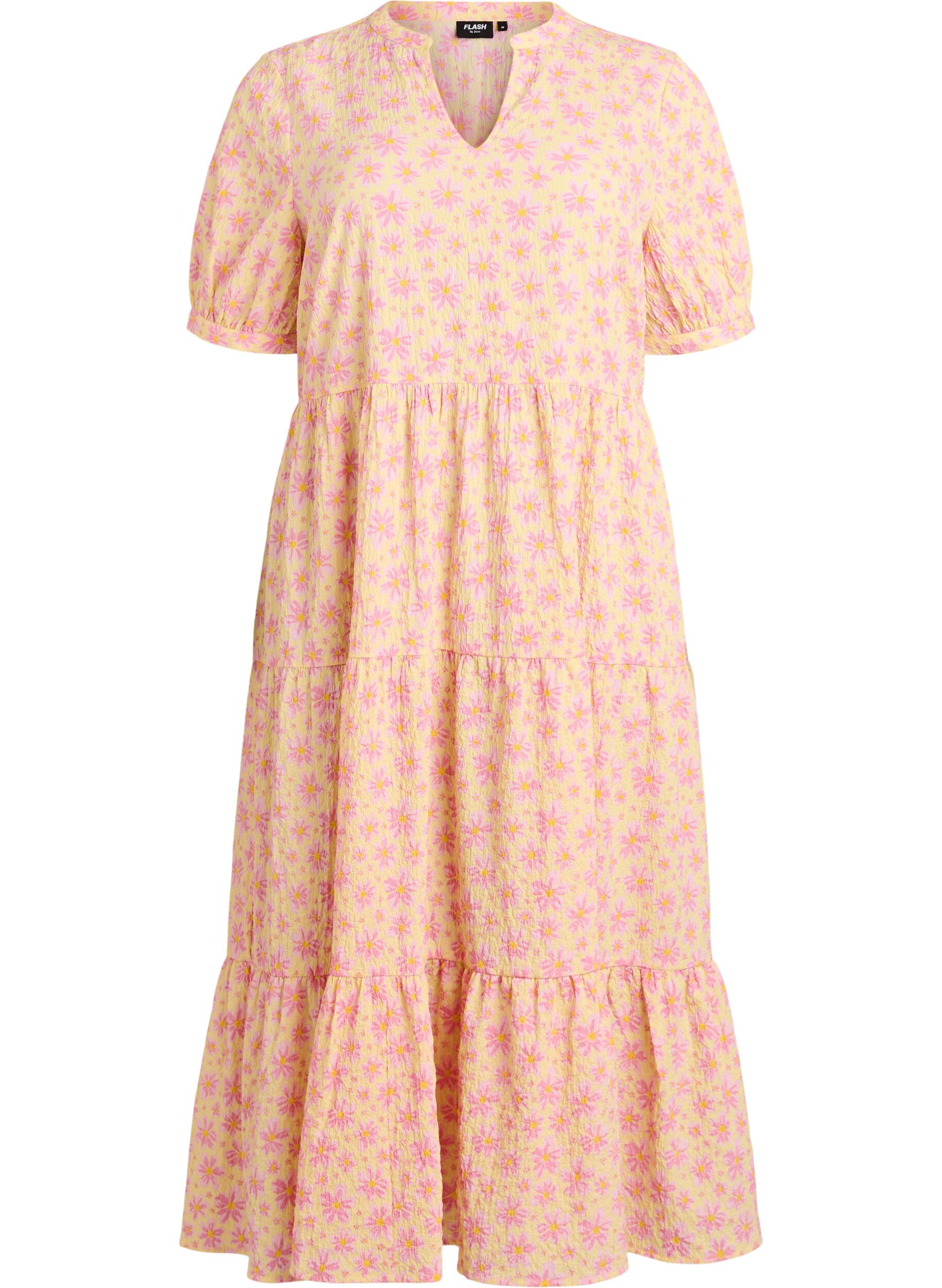 Ankellang kjole med korte ermer og lagdelte volanger