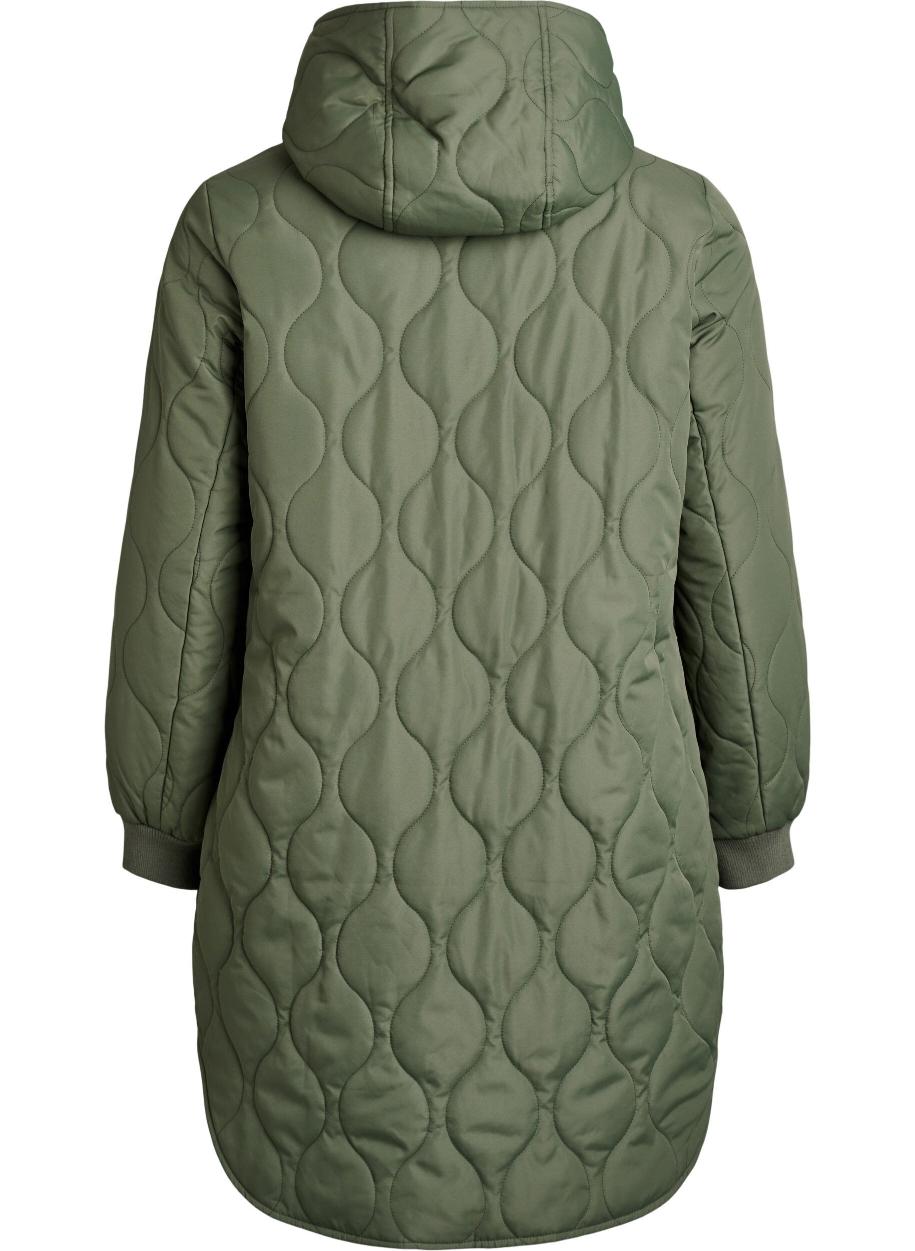 ZizziMellomlang quiltet jakke med hette, Gr&oslash;nn, Packshot image number 1