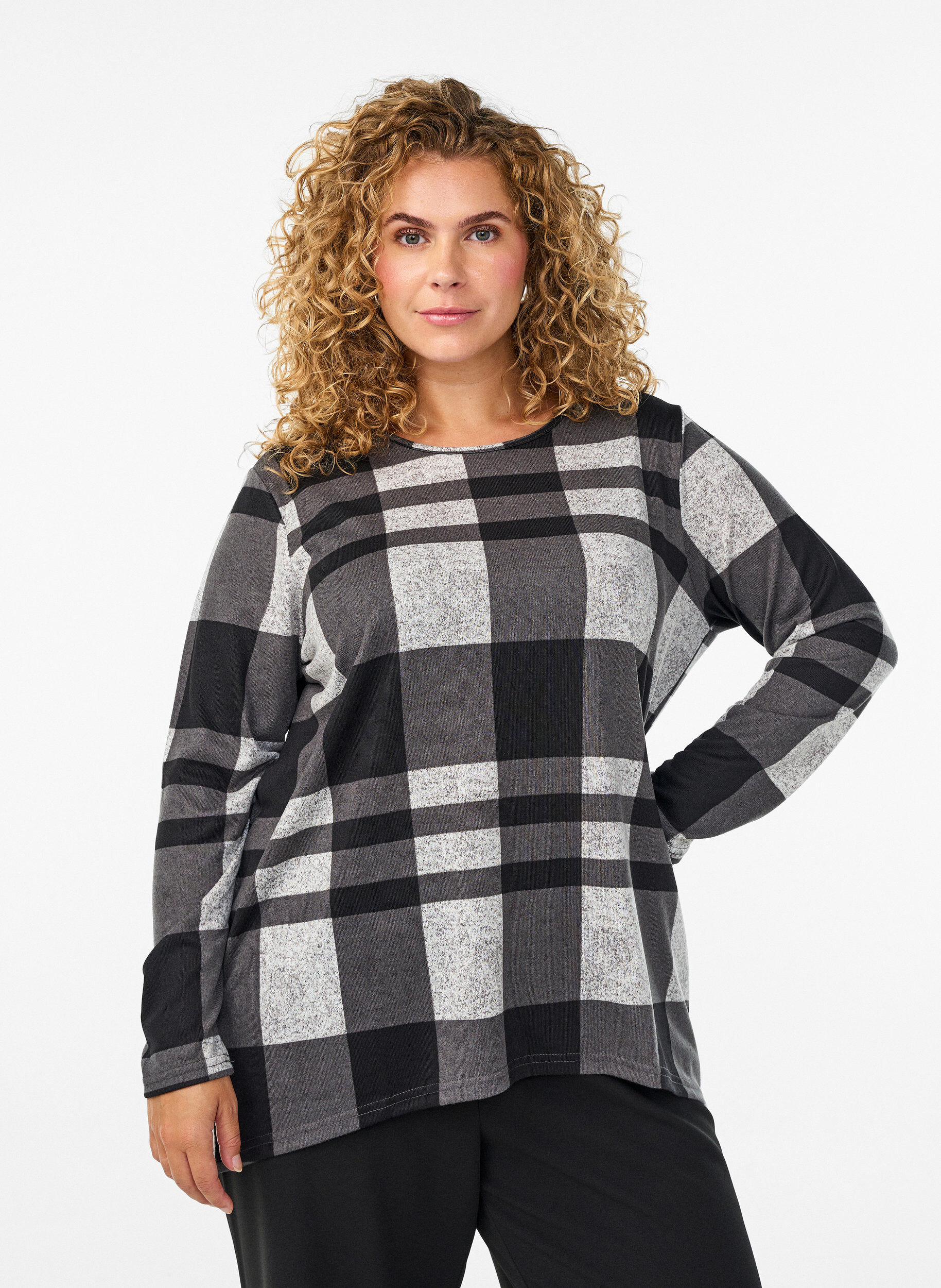 Zizzi M&oslash;nstret bluse med lange ermer, Gr&aring;, Model image number 0