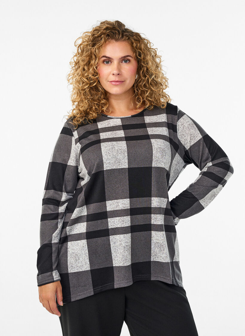 Mønstret bluse med lange ermer, Grå, Model image number 0