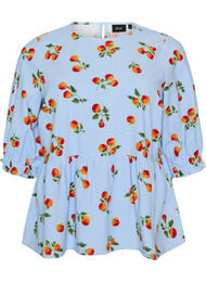 Bluse i bomull med tomattrykk og peplum, Bl&aring;