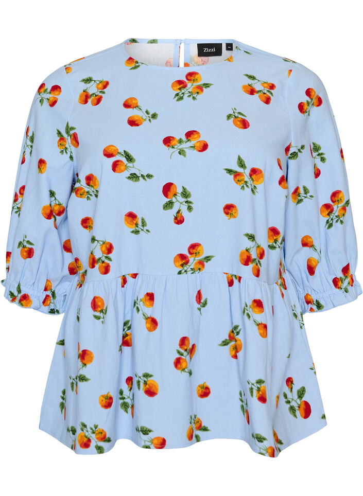 Bluse i bomull med tomattrykk og peplum, Bl&aring;, Packshot image number 0