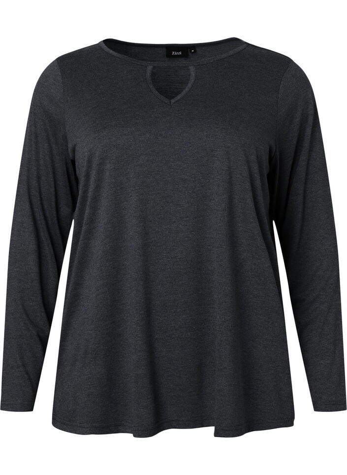 Melange bluse med lange ermer, Black Mel. , Packshot image number 0