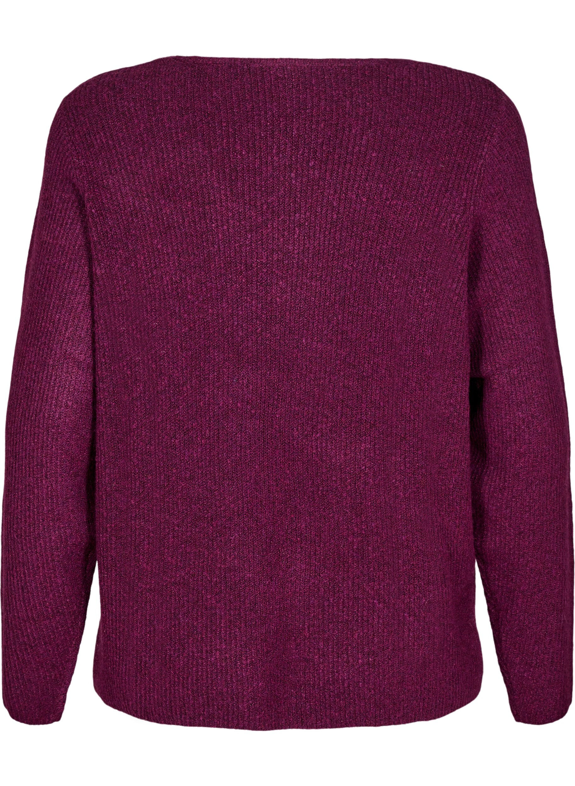 Zizzi Strikket bluse med v-hals og lange ermer, Potent P. Black Mel., Packshot image number 1