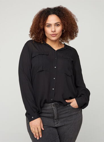 Viskoseskjorte med lommer på brystet, Black, Model image number 0