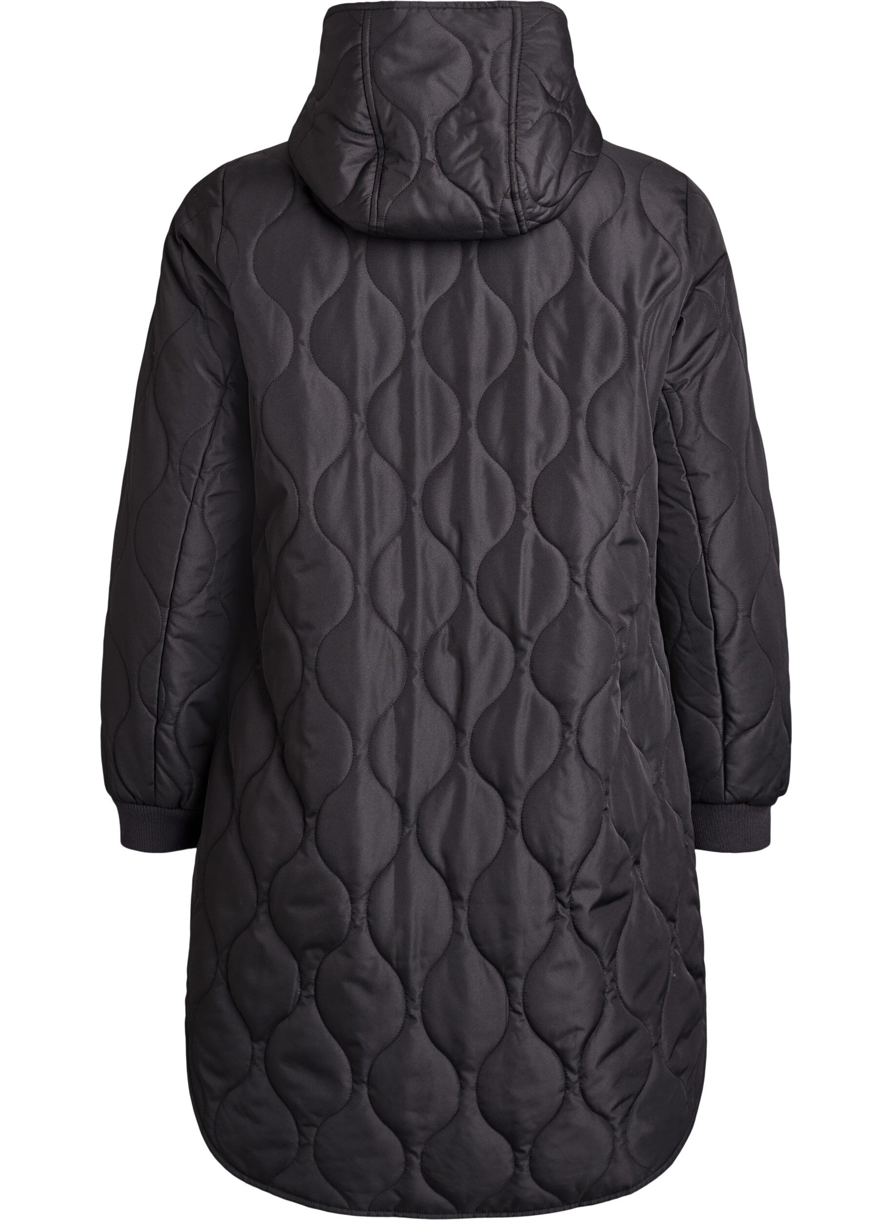 ZizziMellomlang quiltet jakke med hette, Svart, Packshot image number 1