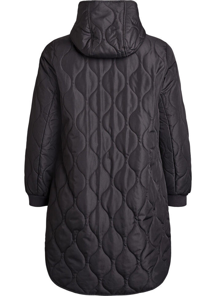 Mellomlang quiltet jakke med hette, Svart, Packshot image number 1