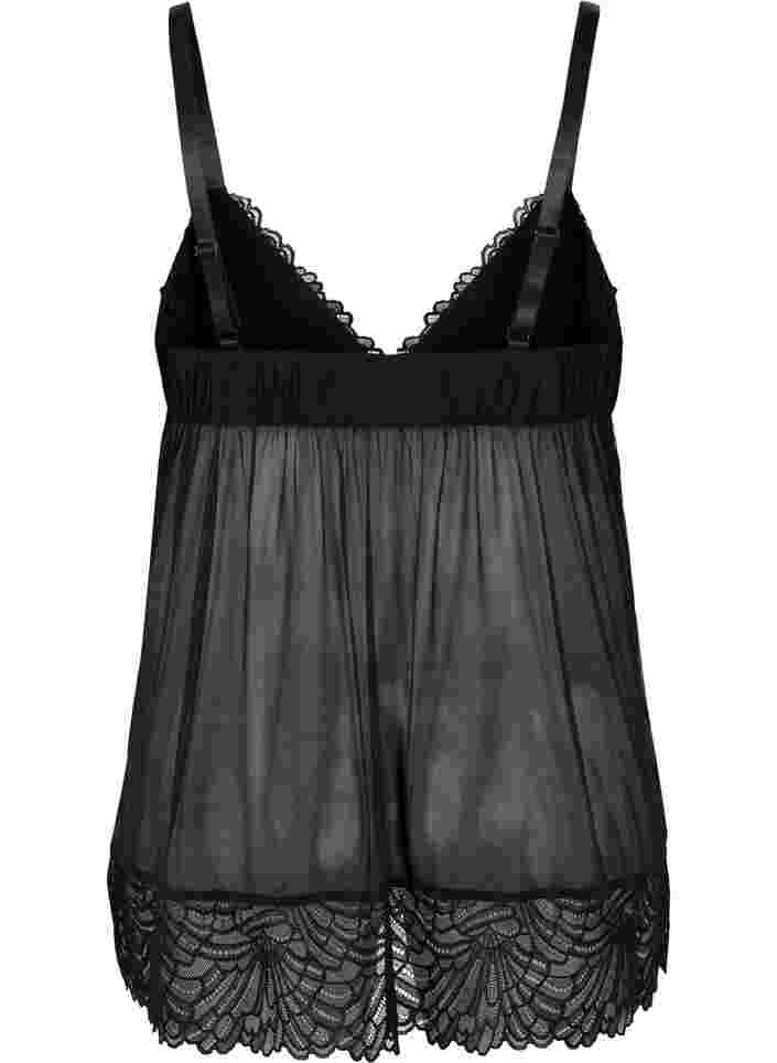 Kort nattkjole med mesh og blonder, Black, Packshot image number 1