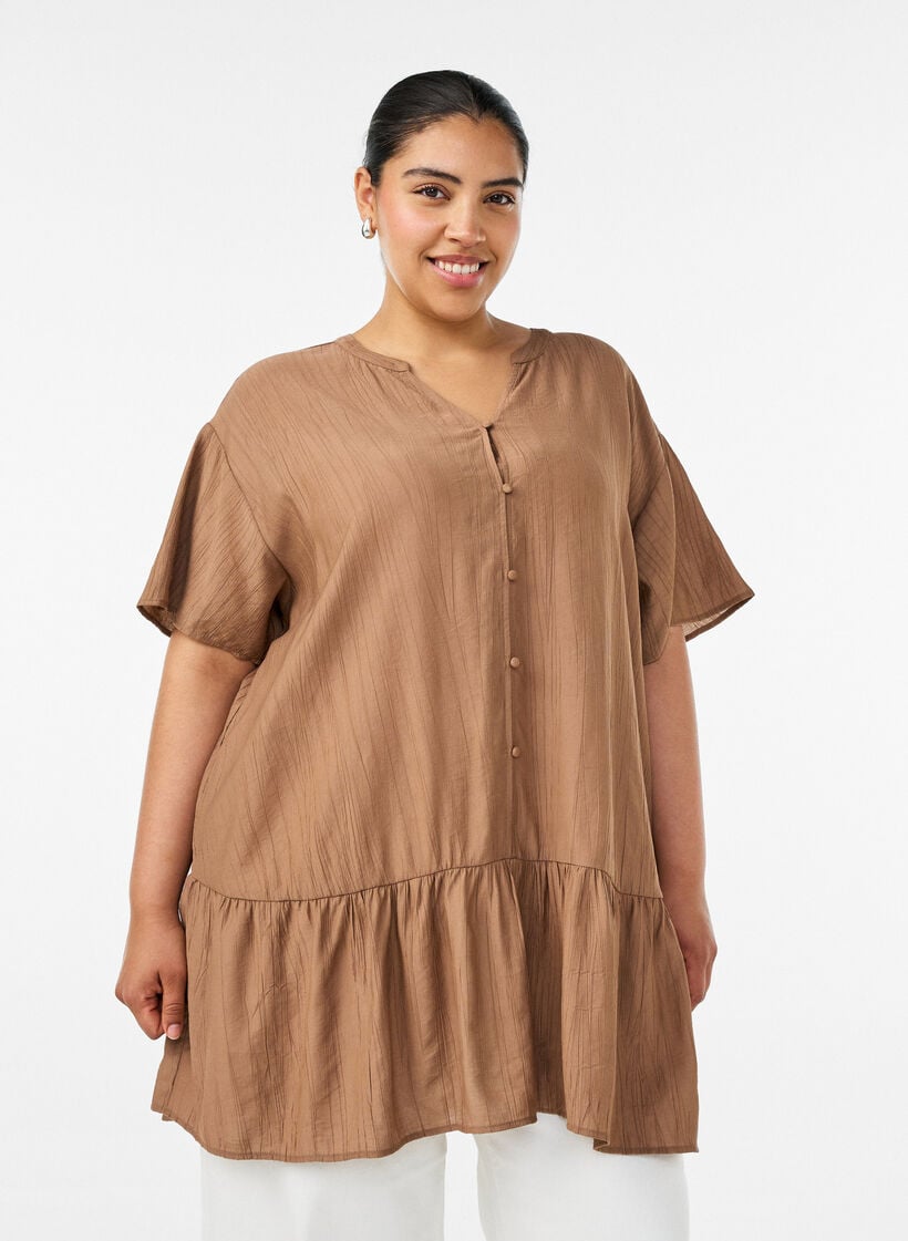 L&oslash;s tunika med kr&oslash;llet struktur og volangkant, Brun, Model image number 0