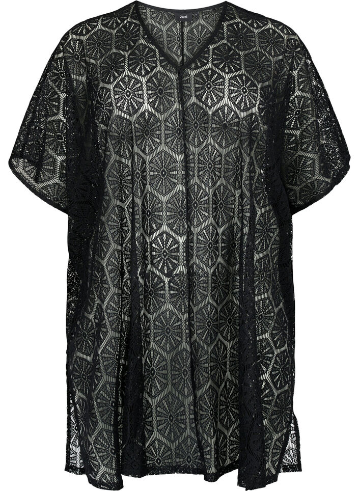 Kaftanstrandkjole med hullmønster, Black, Packshot image number 0