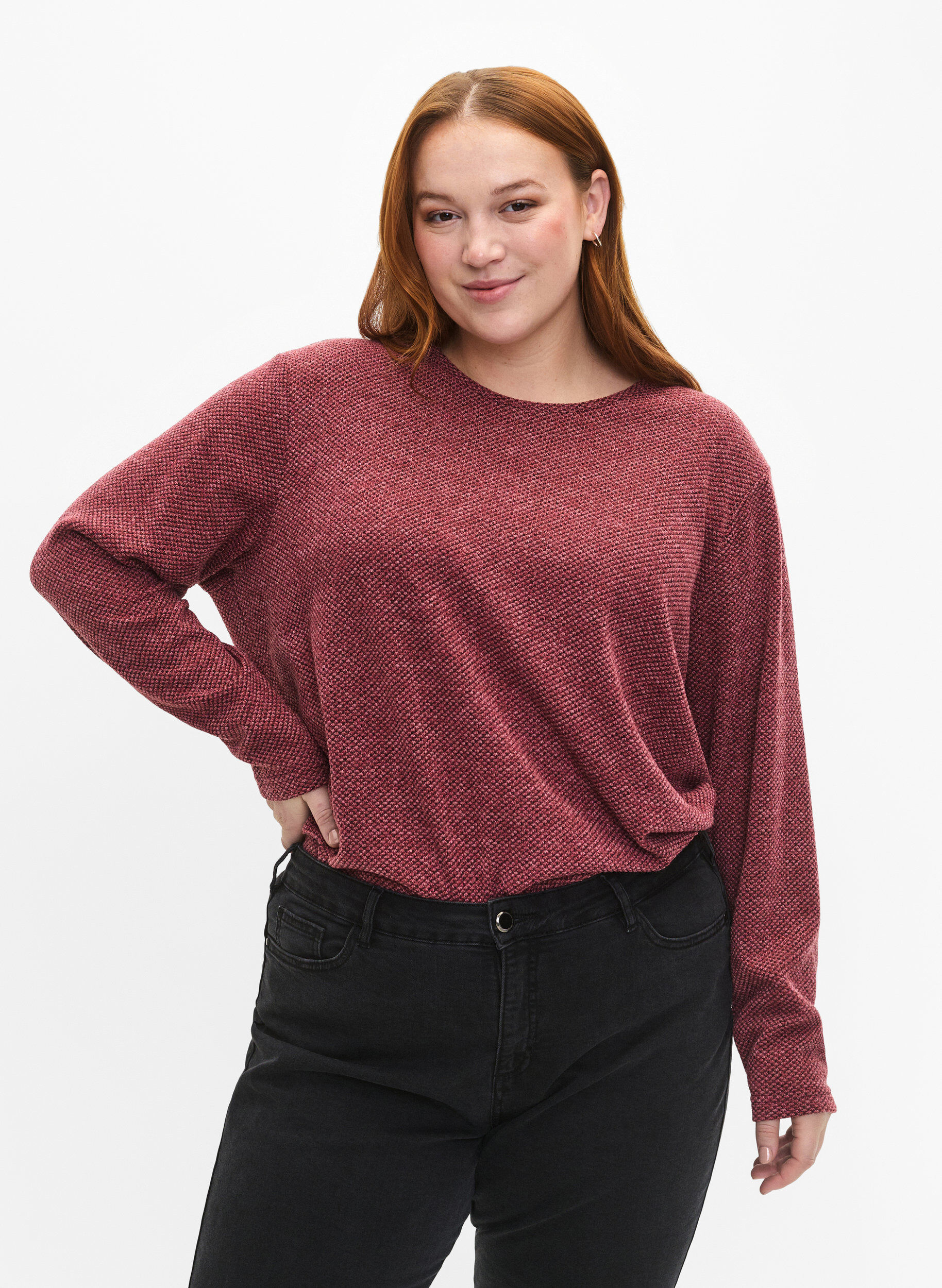 Zizzi Melange Bluse med rund hals og lange ermer, Dry Rose, Model image number 0