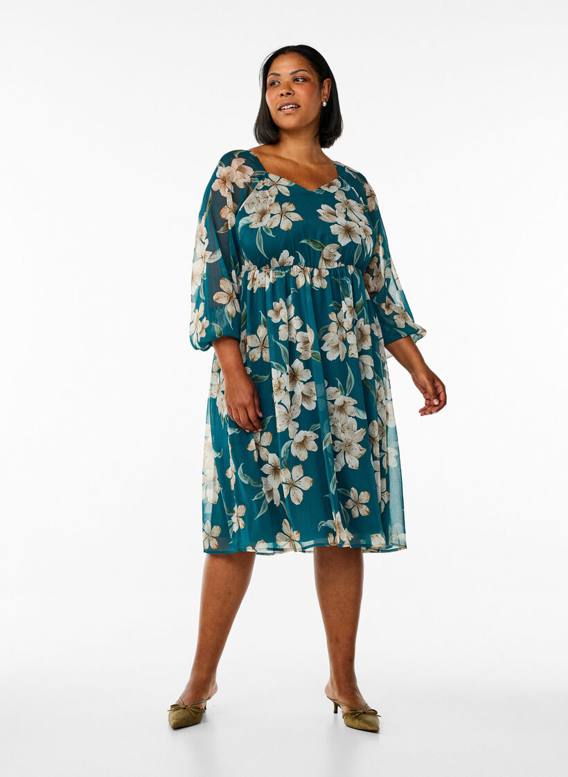 Chiffon festkjole med lange ermer, Grønn, Model image number 1