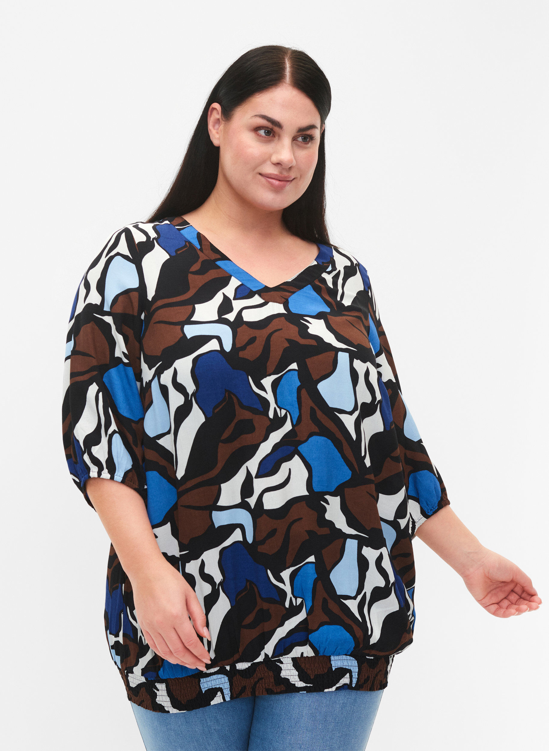 Zizzi Viskose bluse med print og smock, Zafia AOP, Model image number 0