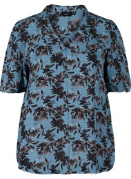 Bluse med blomstrete mønster, Blue w. Flower AOP
