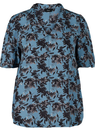 Bluse med blomstrete mønster, Blue w. Flower AOP, Packshot image number 0