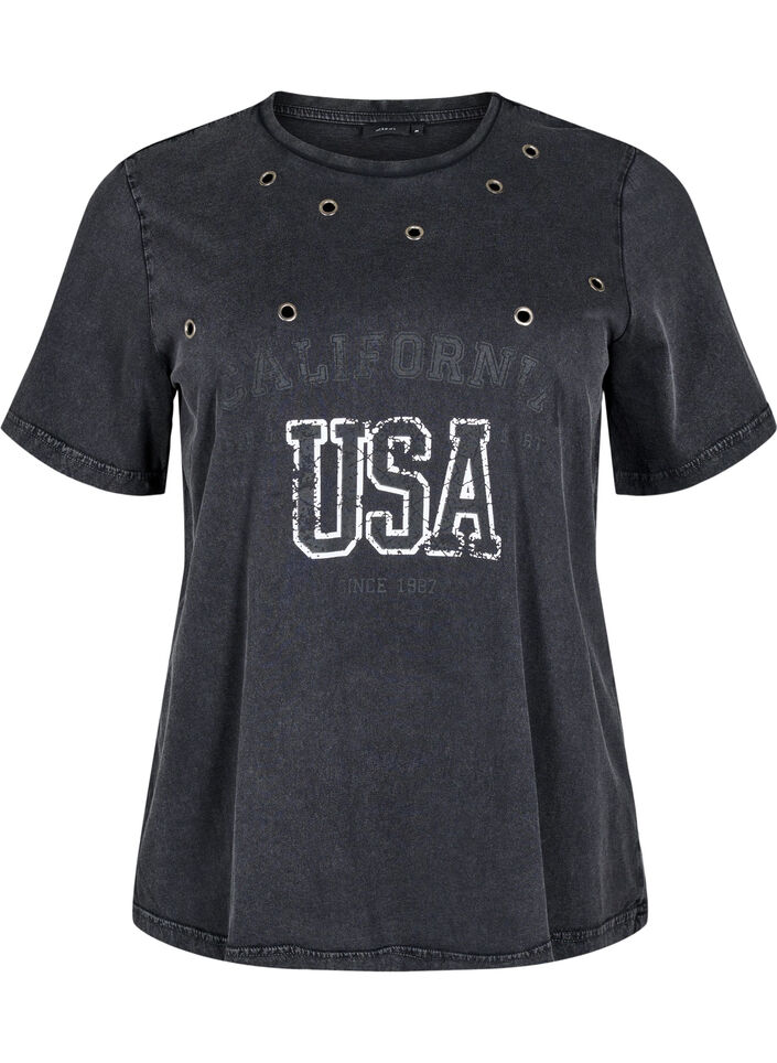T-skjorte med maljer og trykk, Grey Washed , Packshot image number 0