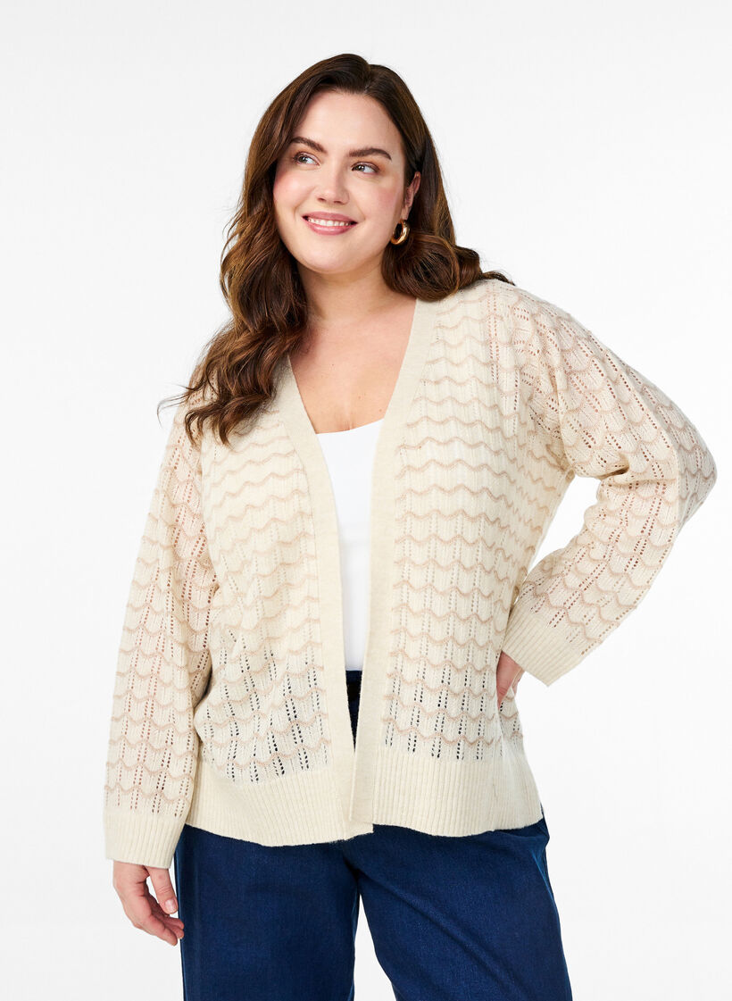 Strikket cardigan med et åpent mønster og bølgete linjer, Birch w. Simply T., Model image number 0
