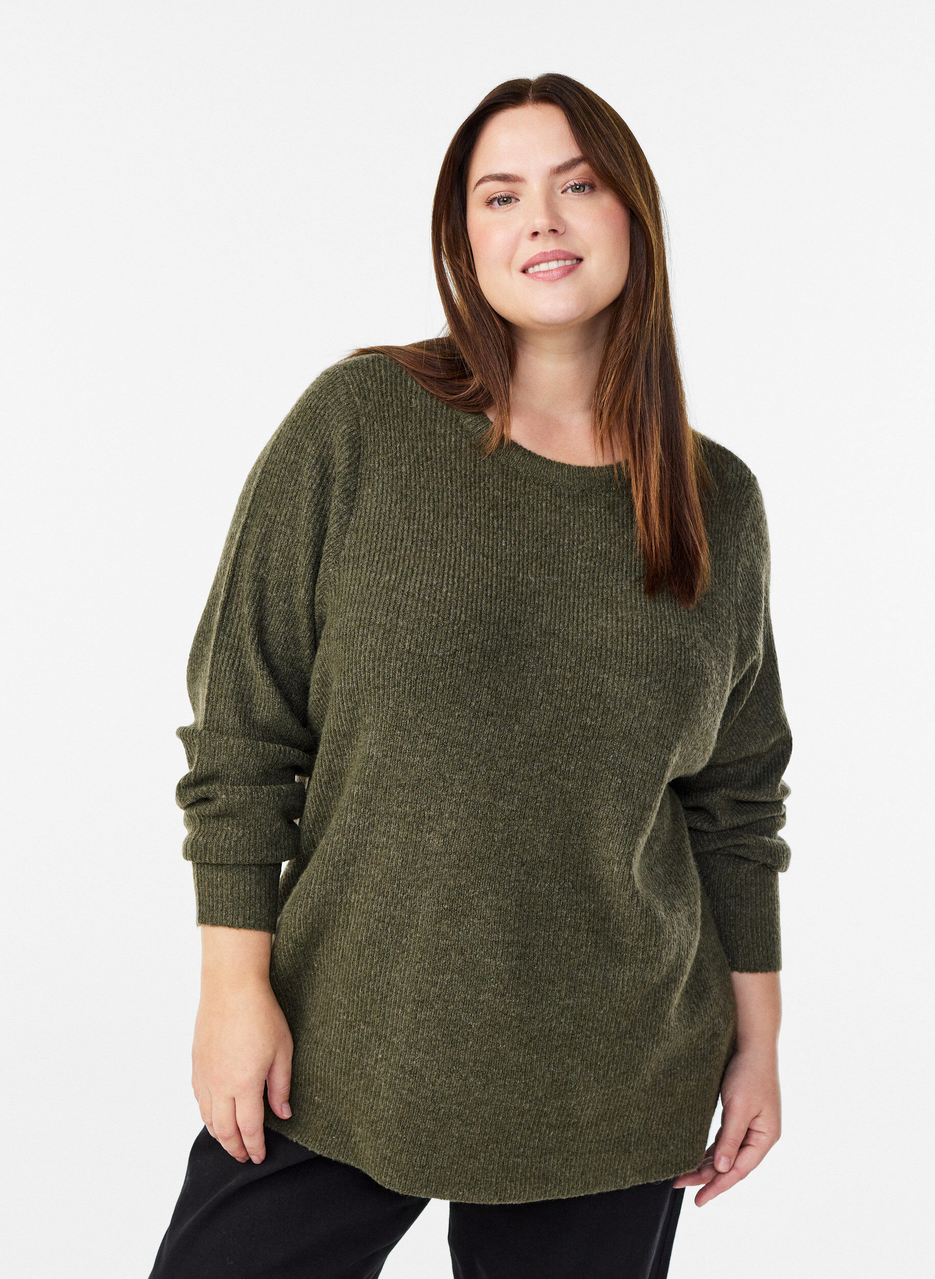 Melert strikkebluse med rund hals, Gr&oslash;nn, Model