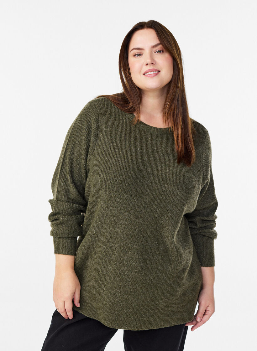 Melert strikkebluse med rund hals, Gr&oslash;nn, Model image number 0