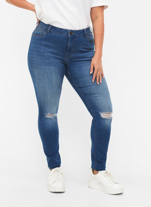 Super slim Sanna jeans med slitte detaljer, Blue denim, Model image number 2