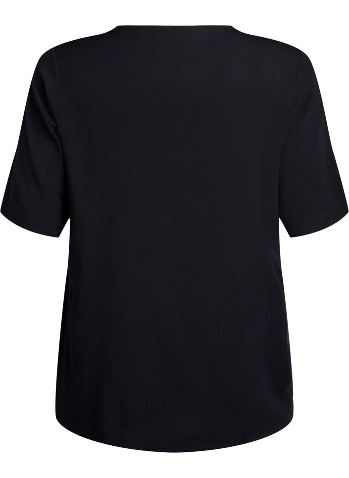 Vevet bluse med korte ermer og rund hals, Svart, Packshot image number 1