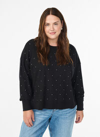 Løsstrikket bluse med rhinesteiner, Svart Løsstrikket bluse med rhinesteiner, Svart, Model