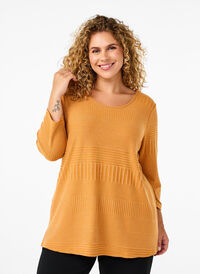 Bluse med 3/4-ermer og stripemønster, Sudan Brown Mel. Bluse med 3/4-ermer og stripemønster, Sudan Brown Mel., Model
