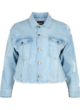 Zizzi Kort dongerijakke med detaljer med slitasje, Light Blue Denim, Packshot image number 0