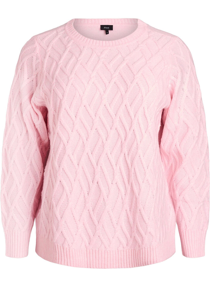Strikkebluse med flettemønster og rund hals, Rosa, Packshot image number 0