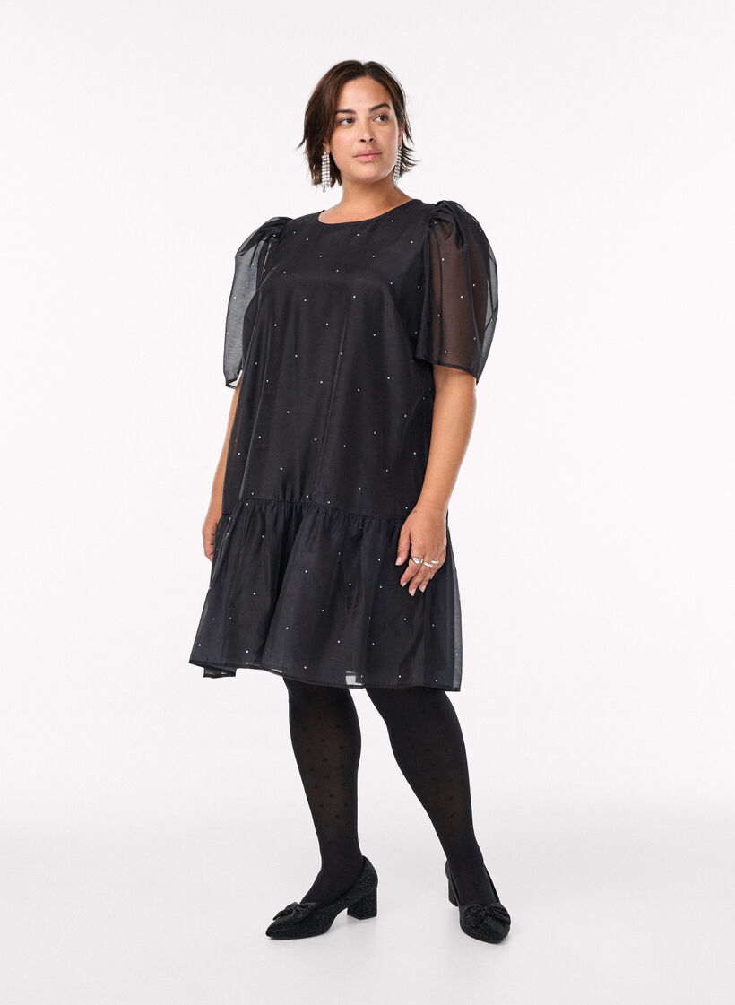 Knelang festkjole med gjennomsiktige ermer, Svart, Model image number 1