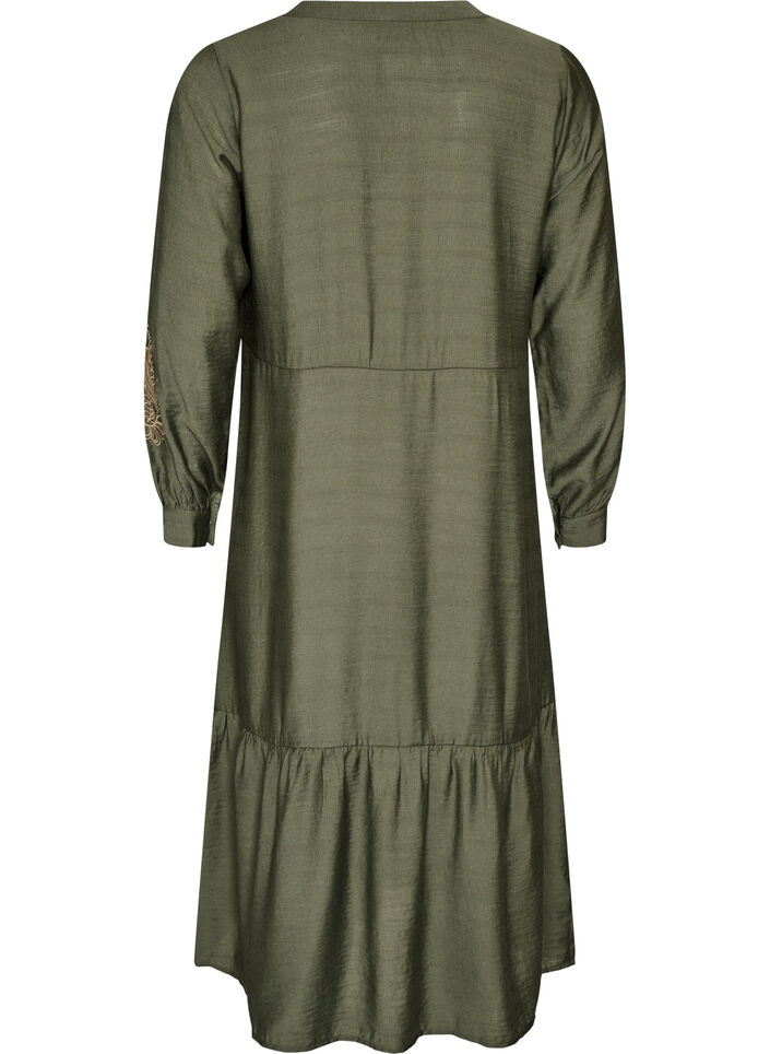 Viskosekjole med broderi og lagdelte volanger, Gr&oslash;nn, Packshot image number 1