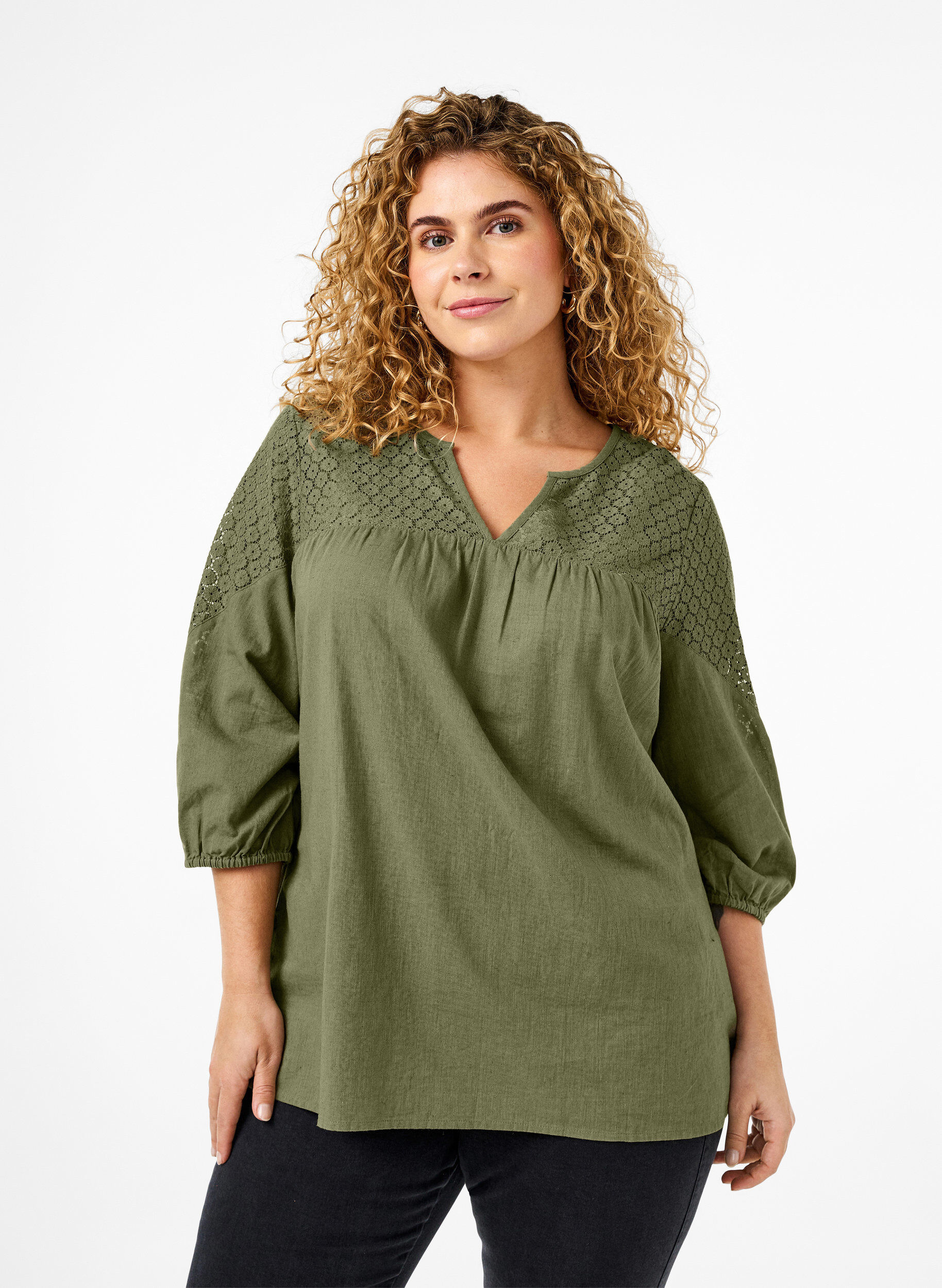 Zizzi Bluse i bomullsblanding med lin og heklede detaljer, Deep Lichen Green, Model image number 0