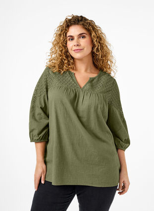 Bluse i bomullsblanding med lin og heklede detaljer, Deep Lichen Green, Model image number 0