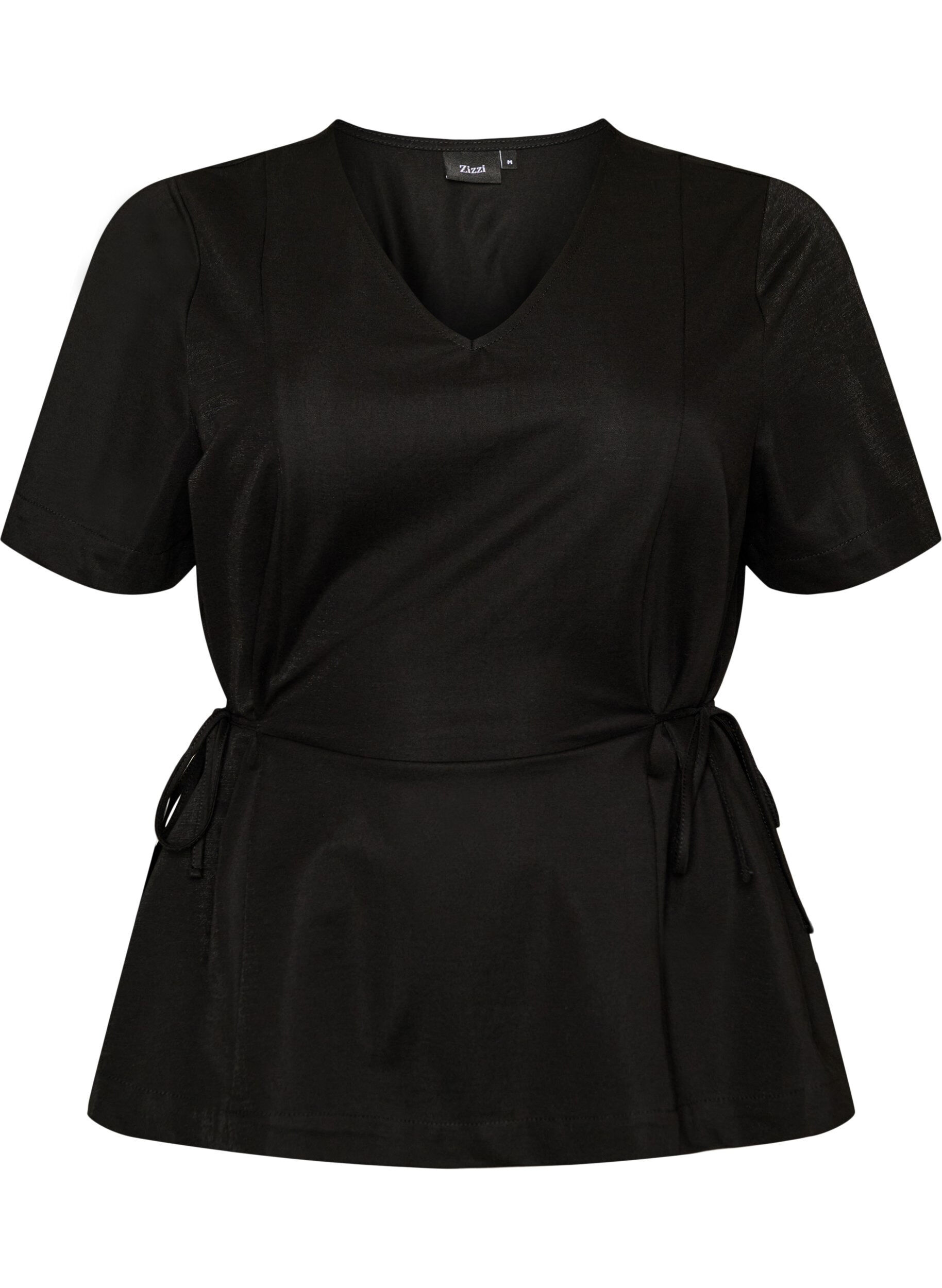 ZizziBluse i bomullsblanding med V-hals og knyteb&aring;nd, Svart, Packshot image number 0