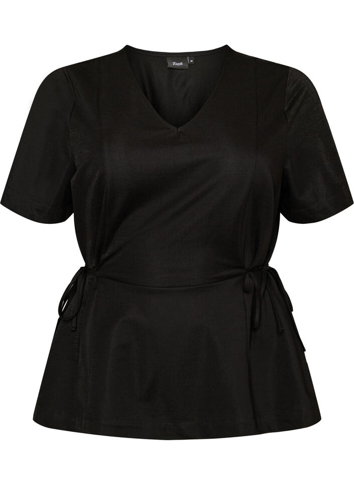 Bluse i bomullsblanding med V-hals og knyteb&aring;nd, Svart, Packshot image number 0