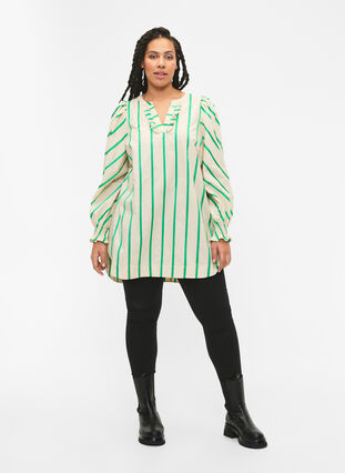 Stripete tunika i bomull med smock og volanger, Beige Green Stripe, Model image number 2