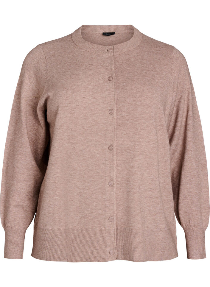 Cardigan med rund hals og stofftrukne knapper, Beige, Packshot image number 0