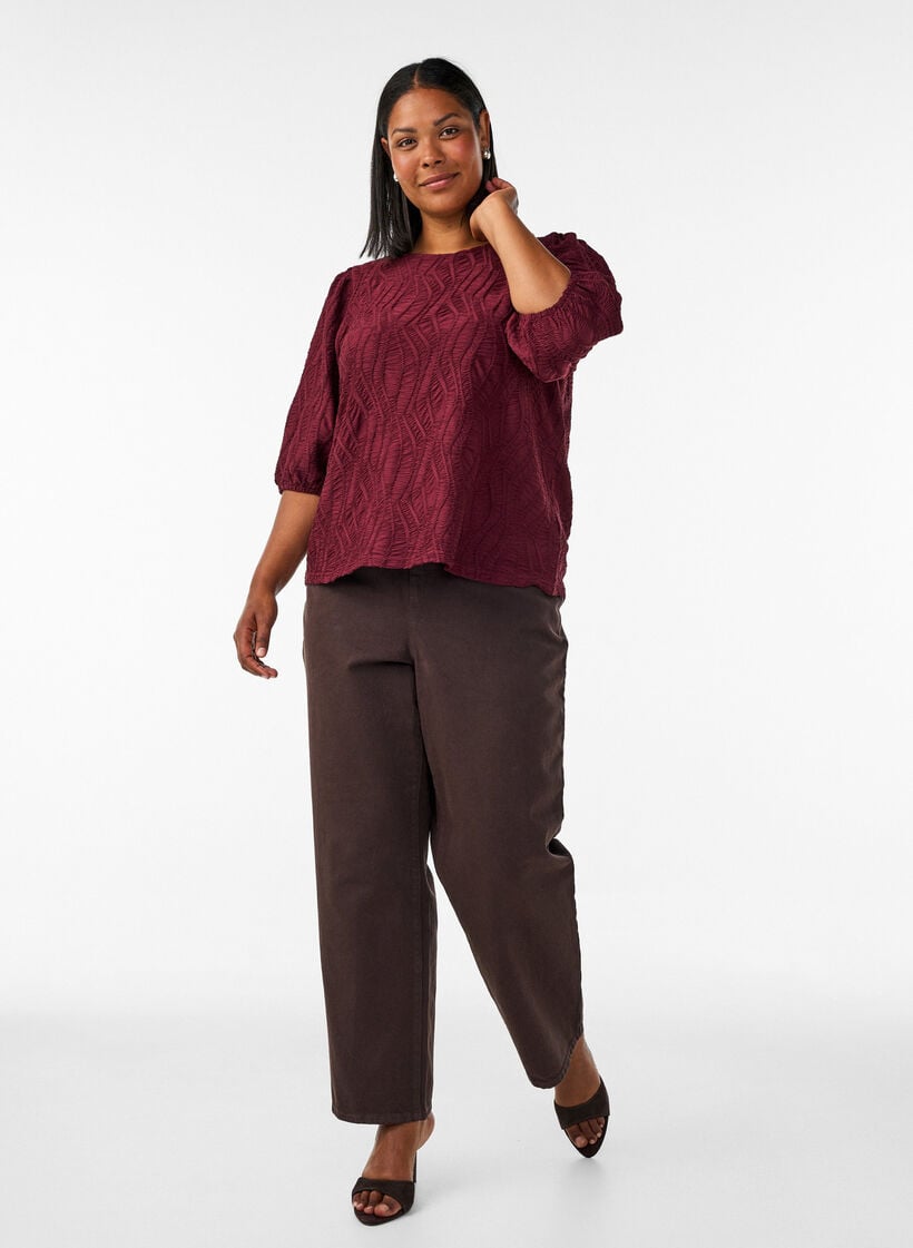 Bluse med tekstur og 3/4 ermer, R&oslash;d, Model image number 1