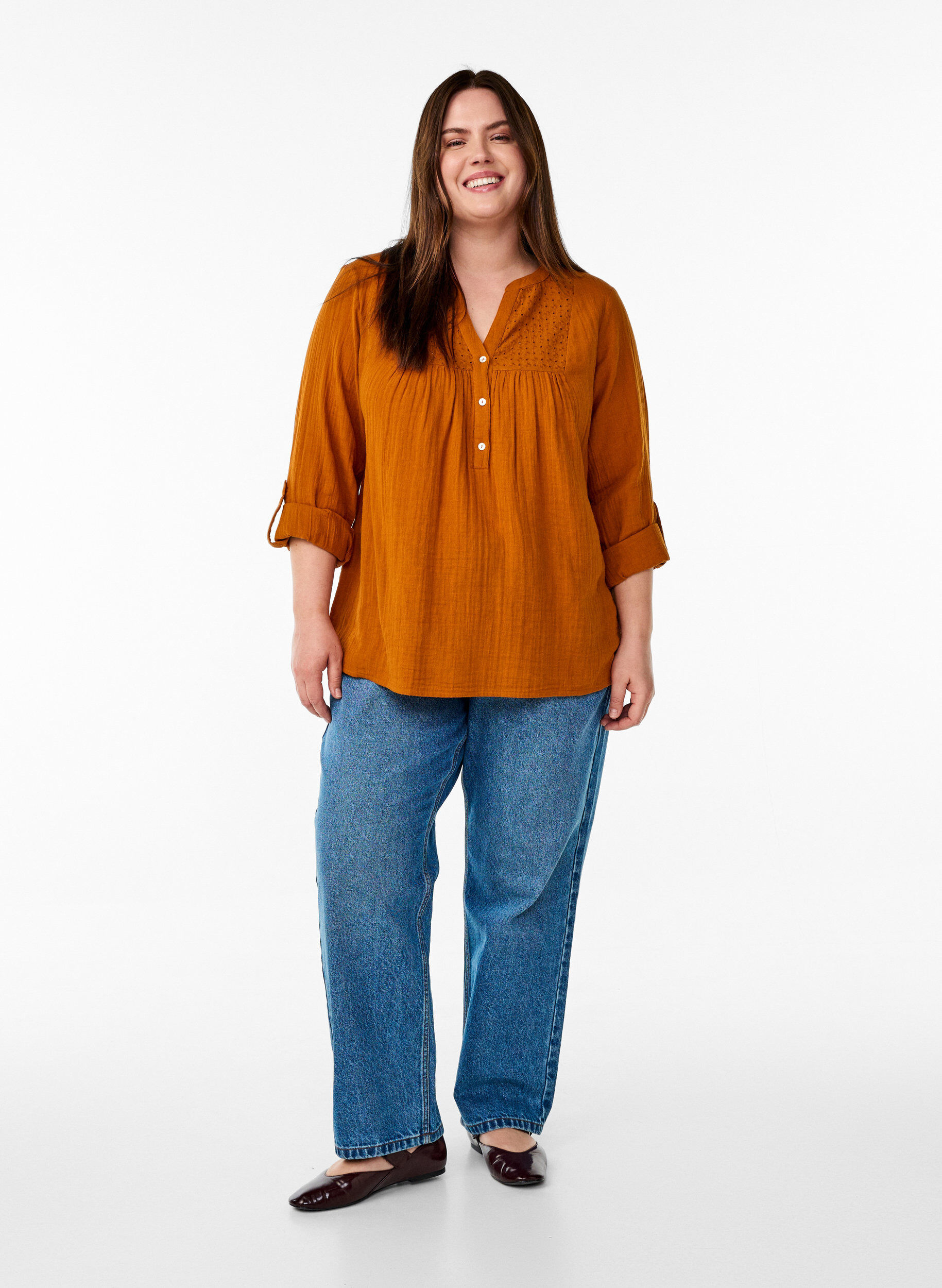 ZizziBluse i bomullsmuslin med broderi anglaise, Orange, Model image number 1