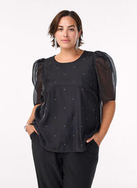 Festbluse i organza-uttrykk med prikker, Svart Festbluse i organza-uttrykk med prikker, Svart, Model