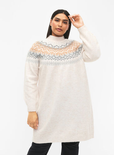 Mønstret strikket kjole med lange ermer, Birch Mel. Comb, Model image number 0