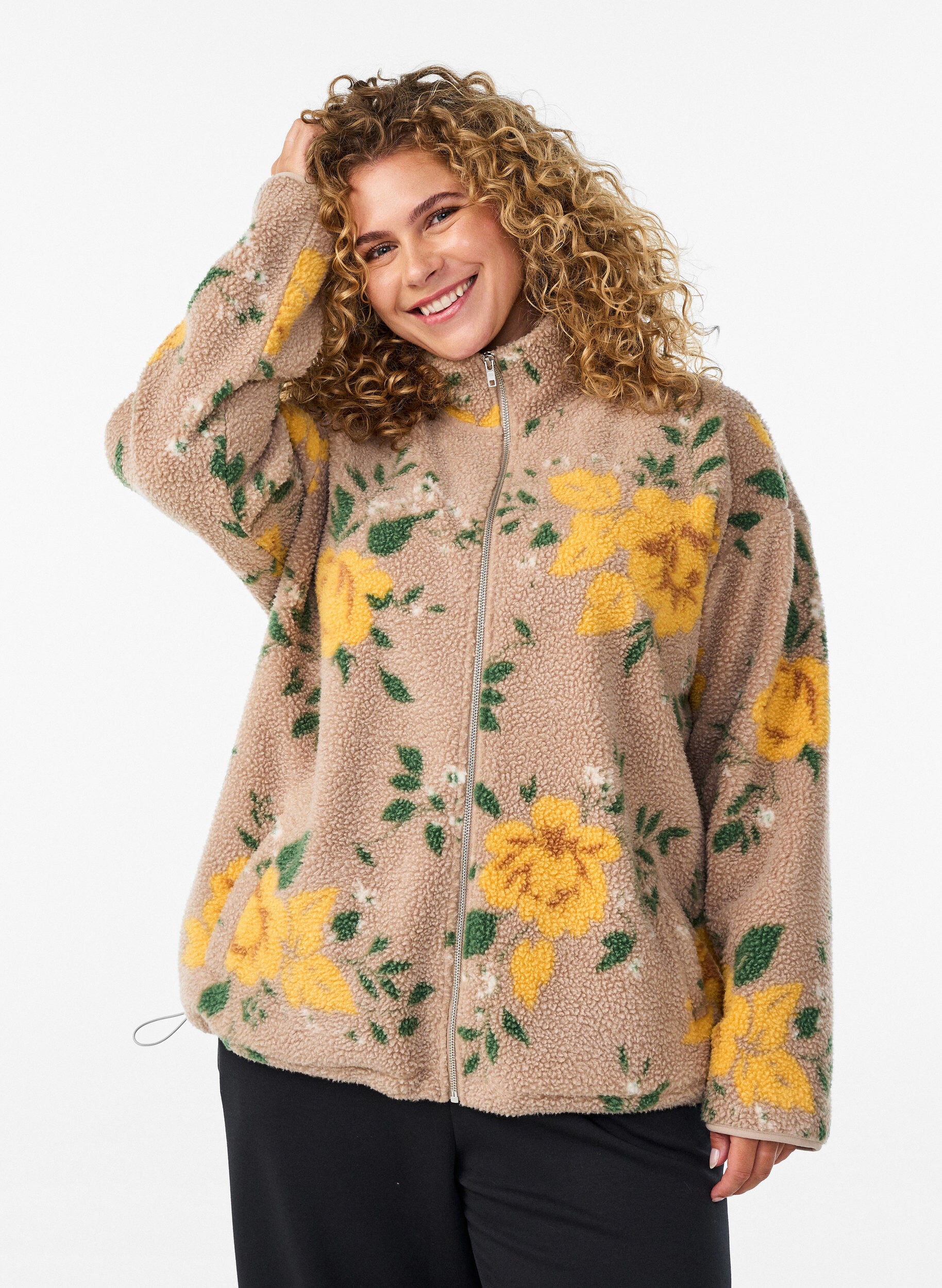 Blomstret fleecejakke med h&oslash;y hals og glidel&aring;s, Beige, Model
