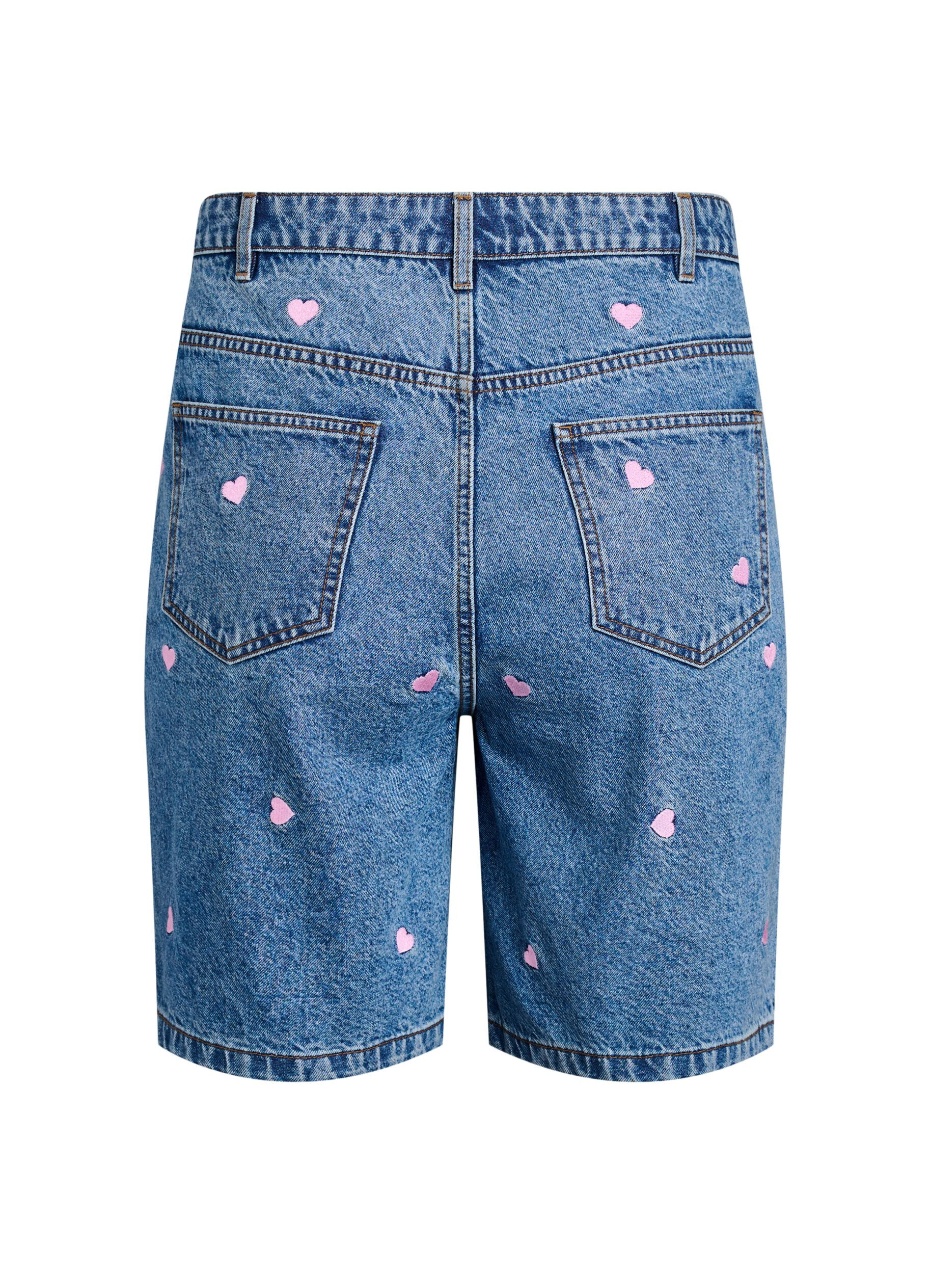Zizzi Dongerishorts med h&oslash;y midje, med broderte hjerter, Bl&aring;, Packshot image number 1