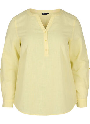 Bomullsbluse med V-hals, Yellow, Packshot image number 0