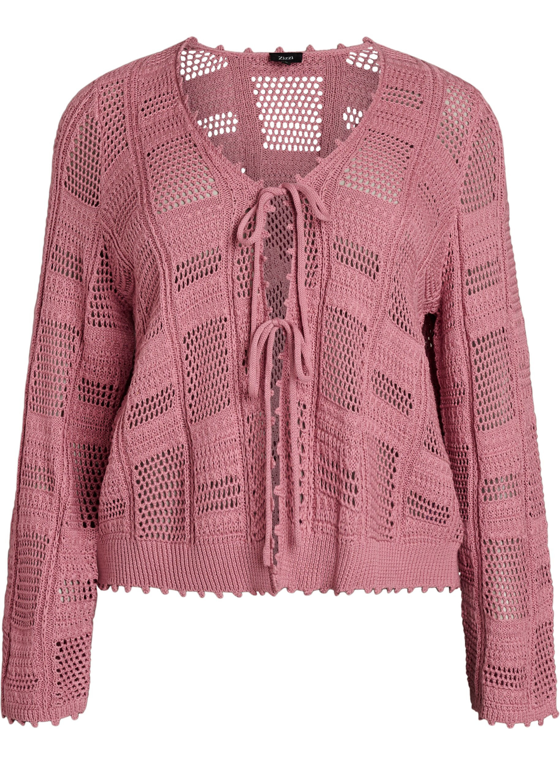 Zizzi Strikket cardigan med knyteb&aring;nd og et &aring;pent m&oslash;nster, Rosa, Packshot image number 0